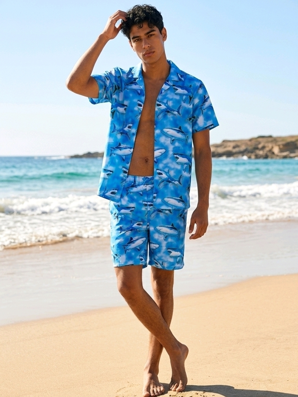 NWT Shark-Print Boy's Swim Trunks - Blue XL 18/20